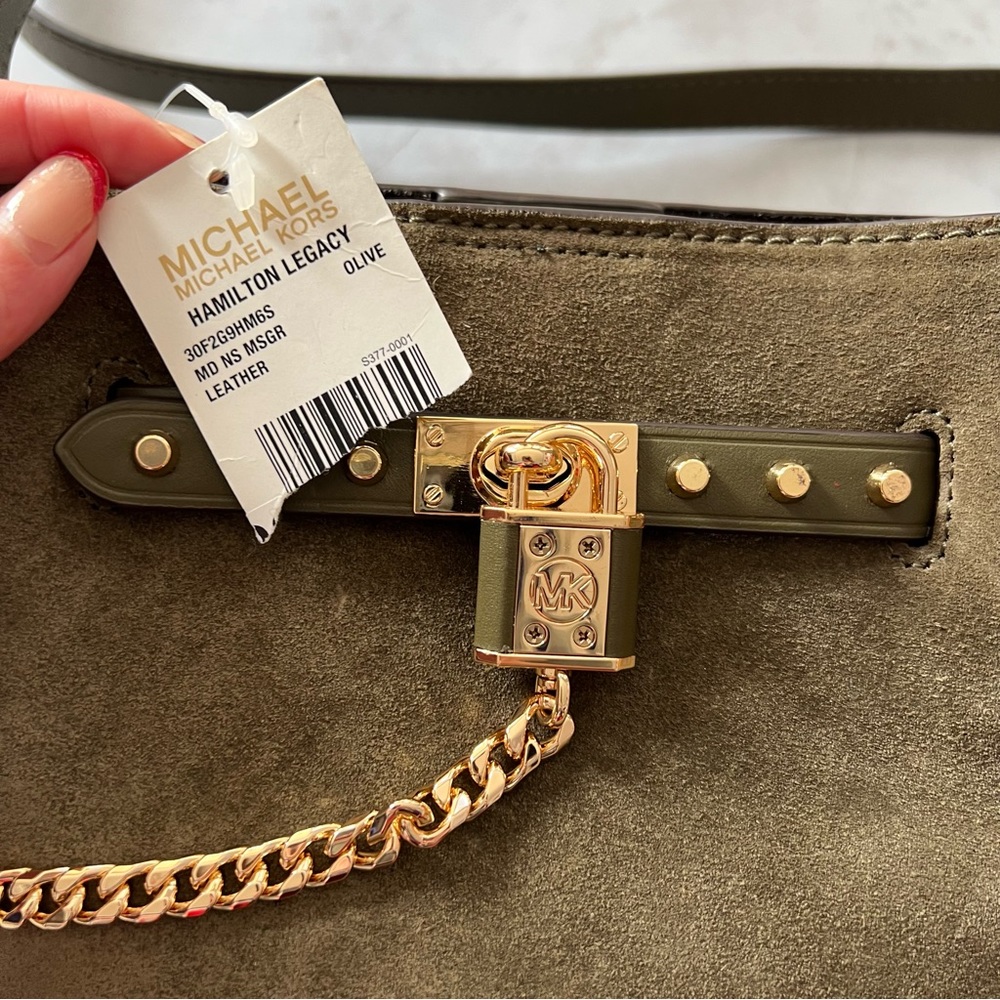 NWT Michael Kors Hamilton Legacy Medium Olive Green Suede Messenger Bag - Picture 7 of 13